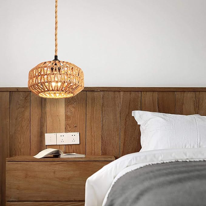 2 Pack Plug in Pendant Light Rattan Hanging Lamp with Switch,Mini Rattan Boho Semi Flush Mount Ceiling Light,Hand Woven Hallway Light Fixtures for Bedroom Entryway
