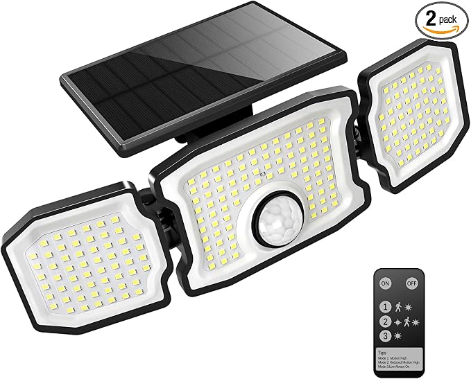 Solar Lights Outdoor Waterproof- 2800LM 200LED Solar Motion Sensor Lights, 3 Heads & 3 Modes Flood Lights, 270° Wide Angle Solar Powered Security Lights for Yard(1 Pack)