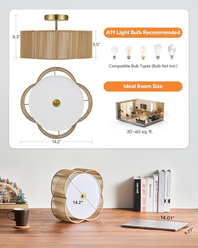 VONLUCE Semi-Flush Mount Boho Ceiling Light, 14" 4-Light Rattan Ceiling Light Fixture with 2 Tier Rattan Fabric Clover Shade, Lighting for Bedroom Dining Living Room, Gold Finish, ETL Certificated