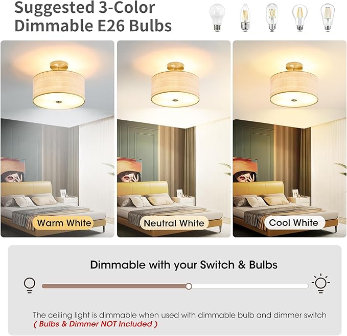 Fabric Semi Flush Mount Lighting Fixture, Modern Semi Chandeliers for Dining Room, Drum Farmhouse Ceiling Lighting Fixture, Brown Fabric Shade 3-Light for Kitchen Island Bedroom Hallway Foyer