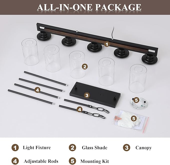Farmhouse Dining Room Light Fixture, 5-Light Wood Kitchen Island Lighting for Dining Room Over Table, Black Adjustable Pendant Light with Seeded Glass Shades, Linear Chandeliers Lighting for Kitchen