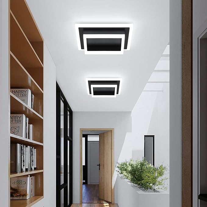 Modern LED Ceiling Light, Hallway Flush Mount Ceiling Light, 32W, 6000K, Black Square Hallway Lighting Fixtures for Living Room Kitchen Bedroom (Black) 2 Pack