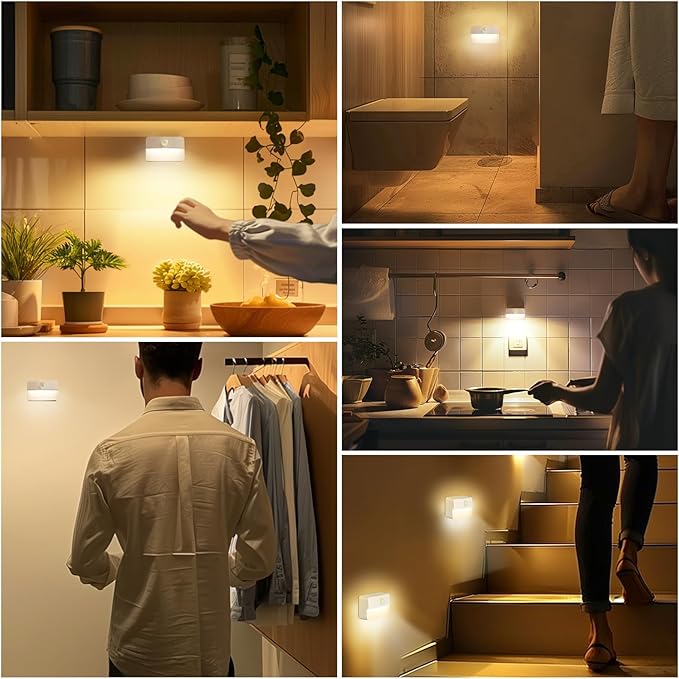 Guankai 3 Pack Motion Sensor Stair Light for Indoor, Battery Operated Closet Lights, Wireless Stick on Anywhere Hallway Lamp, Portable Led Night Lamps for Bedroom Under Cabinet Kitchen