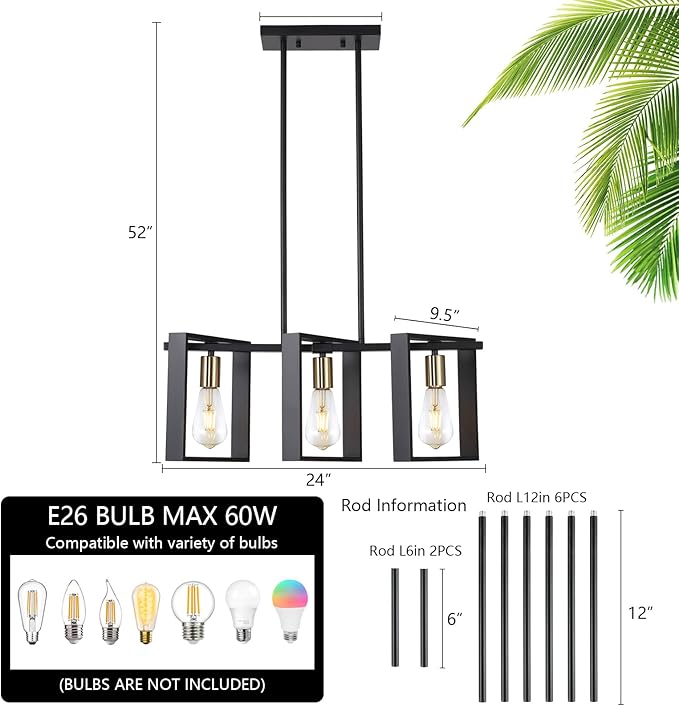 9MMML 3 Lights Kitchen Island Lighting, Modern Rectangle Linear Pendant Light, Black Frame+ Gold Socket Chandelier for Dining &Living Room Foyer Entryway Hallway,E26,Height Adjustable.