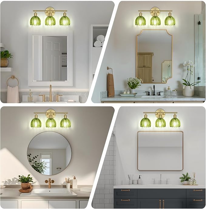 Vintage Bathroom Light Fixtures,3-Light Hardwired Vanity Lights with Green Tulip Glass Shade,Gold Bathroom Vanity Light for Mirror Restroom,E26 Socket,18.5 in(Bulbs Not Included)