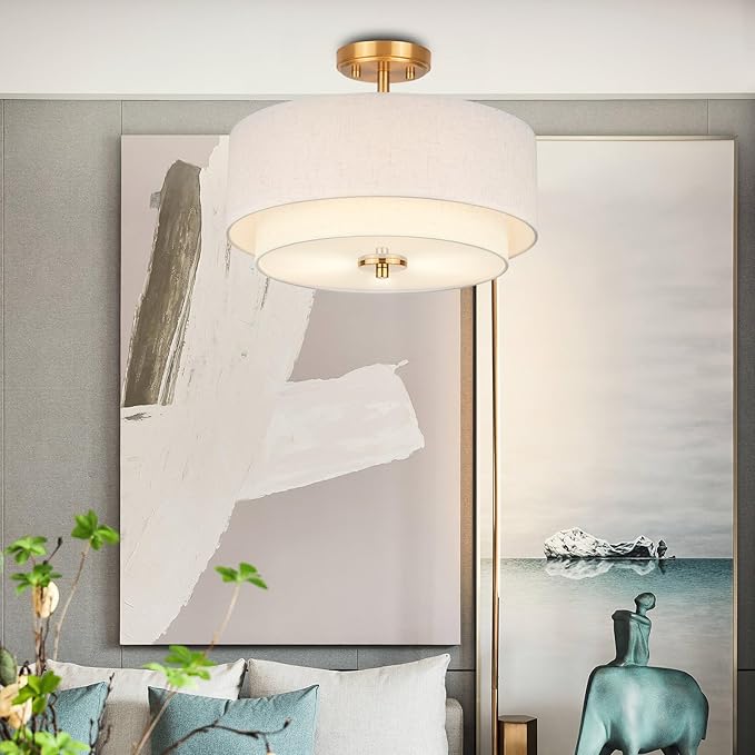 3-Light Semi Flush Mount Ceiling Light, 16" Drum Light with White Fabric Shade, Modern Close to Ceiling Lamp for Living Room Bedroom Dining Kitchen Hallway Entry (Brushed Gold)