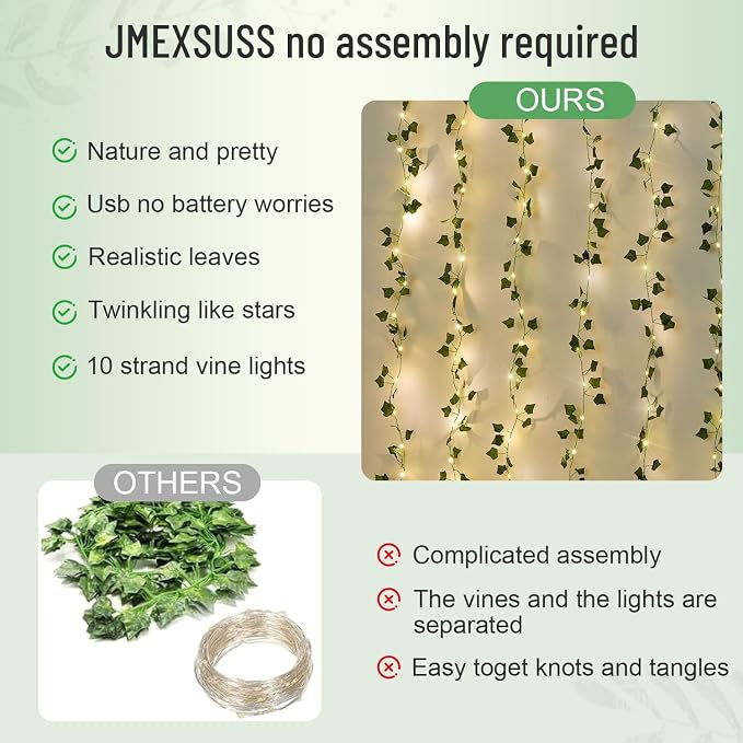 JMEXSUSS Vine Lights for Bedroom, 200 LED Vines Fairy Lights, Artificial Ivy Leaf Light for Wall Curtain Wedding Party Christmas Indoor Decor, 6.5ft x 6.5ft with Remote