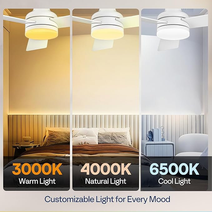 VIVOHOME Ceiling Fans with Lights, 42 inch Low Profile Ceiling Fan with Light and Remote, Flush Mount for Bedroom, Living Room, Garage, 6+1 Speeds, 3CCT, Dimmable, Timer, Quiet Reversible, White