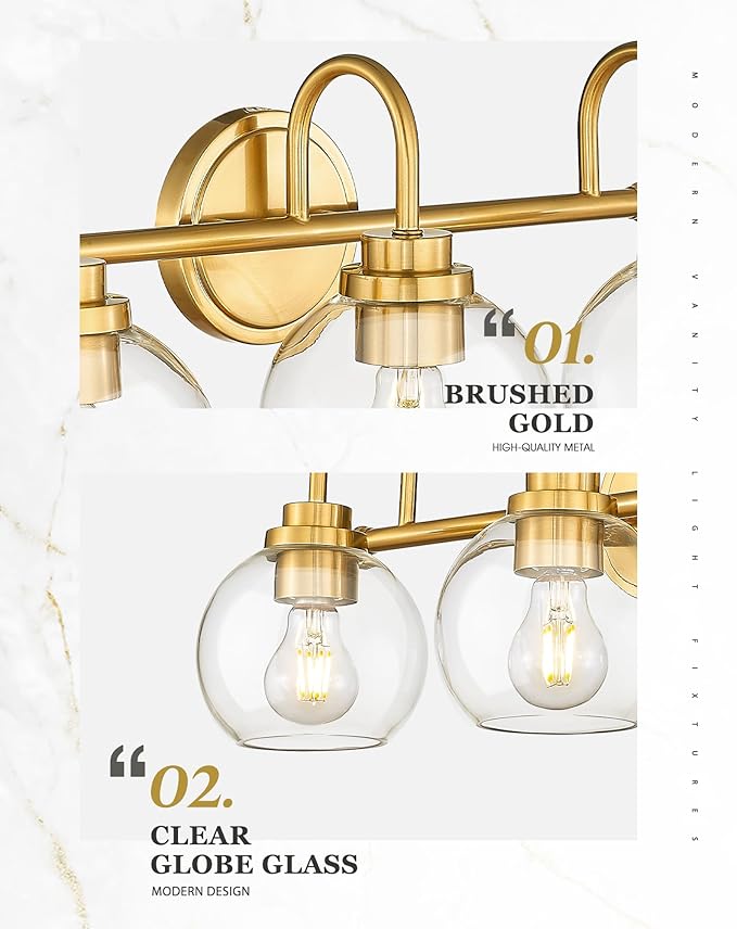 Bathroom Light Fixtures, 5-Light Brushed Gold Vanity Lights with Globe Clear Glass, 35 Inch Champagne Bronze Vanity Lighting Fixtures Over Mirror, AD-22280-5W-GD