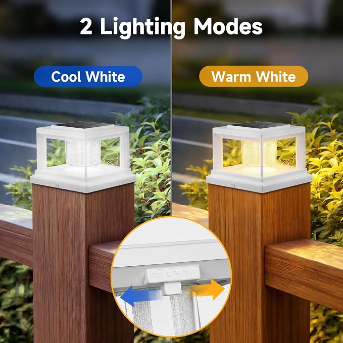 FOLKSMATE Solar Post Cap Lights 8 Pack, 2 Lighting Modes Cool/Warm White Outdoor Solar Powered, Waterproof Fence Deck Lights for 4×4 3.5×3.5 Wood Vinyl Posts, for Garden Patio Porch Decor, White