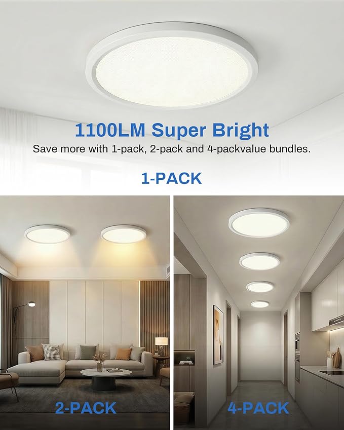 LEDYOND 11 Inch Flush Mount Ceiling Light 2 Pack White, 5CCT 3000K-6500K, 1100LM Dimmable LED Flat Panel Light, 0.52in Ultra Thin, Push-In Installation, Round Ceiling Light for Bedroom Kitchen Hallway