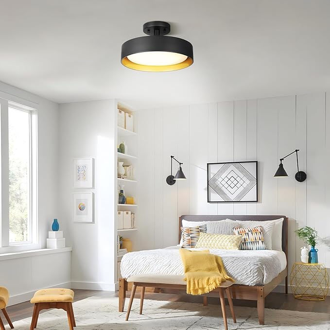 SunRider Semi Flush Mount Ceiling Lights, 12 Inch 25W LED Ceiling Light Fixture Black for Hallway Kitchen, Gold Inside, 5000K Daylight White, Dimmable