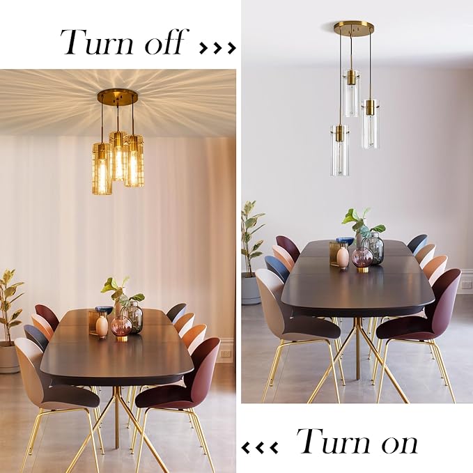 Brushed Gold Pendant Light Fixtures, 3-Light Modern Cluster Pendant Lights with Clear Striped Glass Shade, Farmhouse Brass Chandelier for Kitchen Island Dining Room Foyer