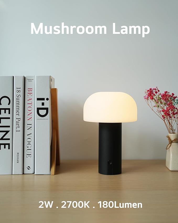 WEILAILUX Cordless Mushroom Table Lamp, Waterproof Shower Lamp, Battery Operated Table Lamp Rechargeable, Touch Dimmable Night Light for Bedroom/Patio/Camping/Dinning/Outdoor (Black)