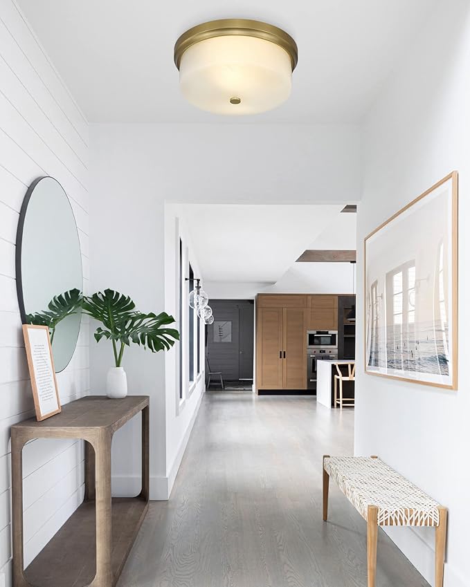 CALDION Close to Ceiling Light, 12inch Flush Mount Ceiling Light Fixture, Metal Gold Finish with Handmade White Marble Art Glass Shade for Bedroom Living Room Hallway Kitchen Laundry