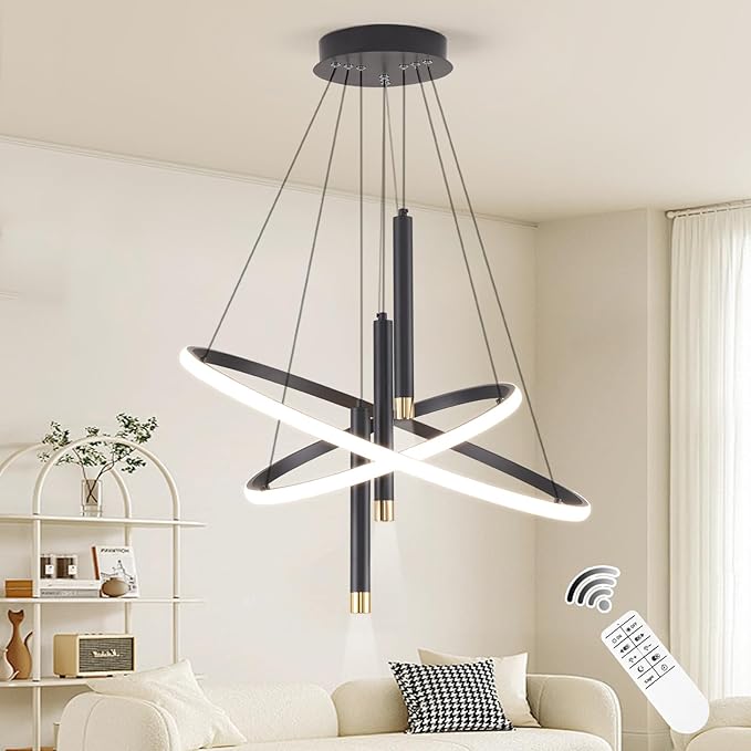 ORANOOR LED Black Modern Chandeliers for Dining Room Bedrooms Living Room, Dimmable 24in 5250lm Kitchen Pendant Lamp Dining Room Light Fixtures Ceiling Hanging Over Table, 2 Ring Round Chandeliers