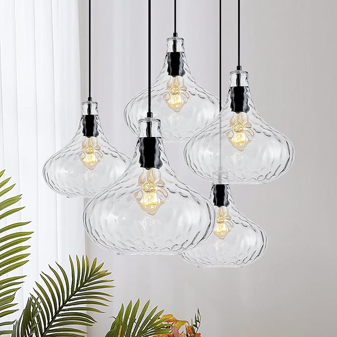11 Inch Kitchen Island Pendant Light – Blown Glass Hammered Shade & Black Finish – Modern Hanging Ceiling Light for Dining Room, Sink, Hallway, Living Room – E26 Base