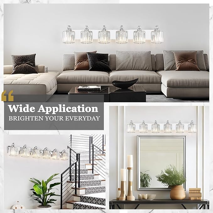 6-Light Modern Bathroom Light Fixture Chrome Vanity Lights Over Mirror Wall Sconce Lighting with K9 Crystal Shades Bathroom Wall Lamp E26 Base for Bedroom, Living Room, Hallway