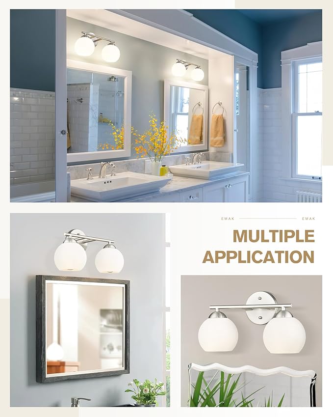 Emak Modern Globe Vanity Lights, Brushed Nickel Bathroom Light Fixtures, 2-Light Bathroom Vanity Light with Milk Glass Shade, VL114-BN-ML-2