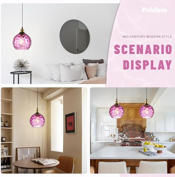 Modern Hammered Pendant Light Purple Glass Hanging Pendant Light 7.8" Globe Pendant Light Fixture Black Farmhouse Kitchen Lighting Over Island Sink Dining Room Table
