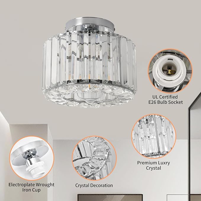 Crystal Ceiling Light, Chrome Ceiling Lamp, Semi Flush Mount Ceiling Light, Small Hallway Lamp, Entryway Crystal Chandelier for Dining Room,Bedroom,Kitchen