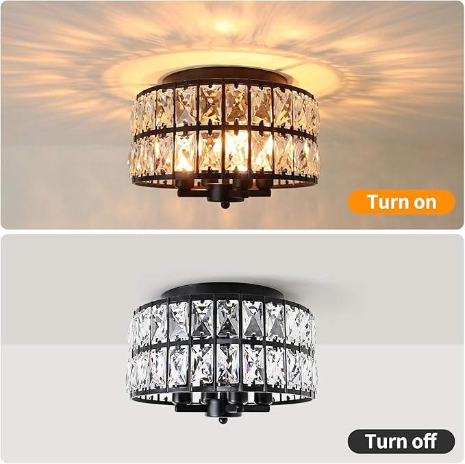 4-Light Crystal Flush Mount Ceiling Light, 11.2" Modern Chandelier, Black Ceiling Light Fixture for Kitchen, Bedroom, Hallway, Bathroom, Entryway, Closet, Dining Room