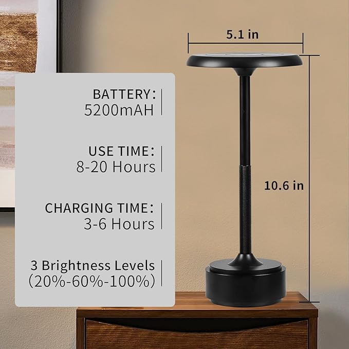 HAPYGI 5200mAh Rechargeable Cordless LED Table Lamps Touch Sensor Light, 3-Levels Portable Dimming Wireless Battery Operated Lamp,Night Light/Restaurant Table/Outdoor/Coffee/Bar (Black Set of 2)