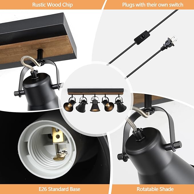 KEESFU 5-Light Plug in Track Lighting Kit,Black Semi Flush Mount Ceiling Light with 5 Rotatable Light Heads,Modern Farmhouse Lighting for Livingroom,Bedroom,Hallway,Art Wall,Bathroom,Kitchen.