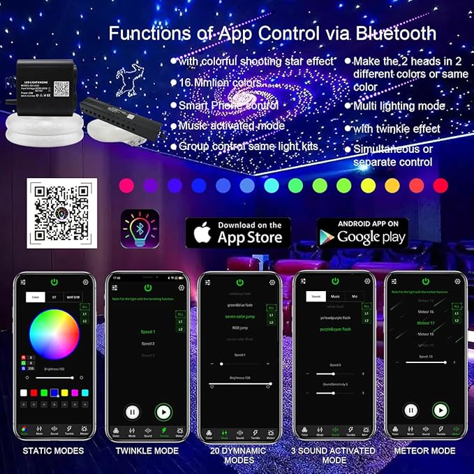AKEPO 20W Twinkle Dual-Head Dual Color Fiber Optic Lights, Fiber Optic Colorful Meteor Light Kit Sound Activated APP/Remote Control for Car Starlights Headliner/Home 900pcs 9.8ft/3m Fiber Strands