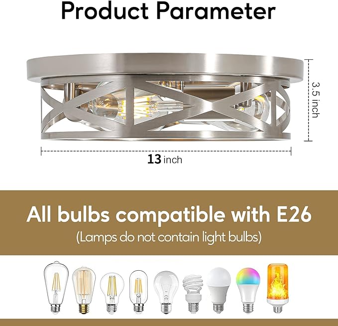 2 Pack Close to Ceiling Light Fixtures, 3-Lights Brushed Nickel Flush Mount Ceiling Light, 13 Inch Indoor Metal Cage Semi Flush Mount Ceiling Light for House Bedroom Laundry Hallway Kitchen