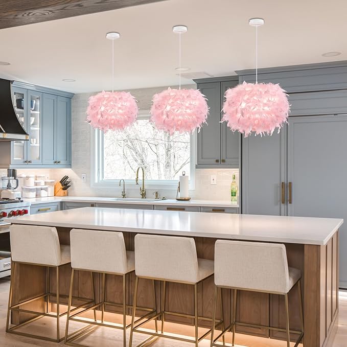NZV Pink Feather Pendant Lights for Bedroom Romantic Feathers Light Fixture Pink Chandelier Girls Room Modern Hanging Ceiling Lighting for Dining Room Kitchen Island Foyer Hallway (Diameter 11.8in)