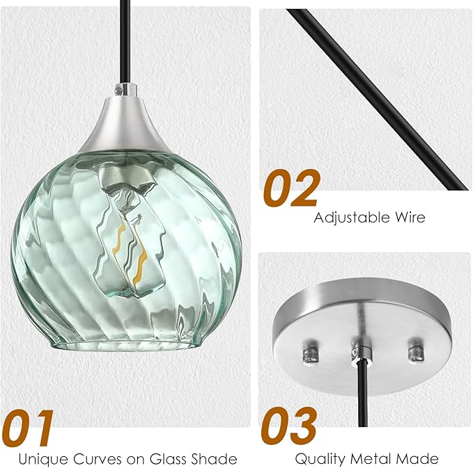 Pendant Lights Kitchen Island,2 Pack Farmhouse Pendant Lights,Green Striped Swirl Globe Glass Pendant Light Fixtures,Mini Island Lights For Kitchen,Modern Hanging Light Fixture With Adjustable Height