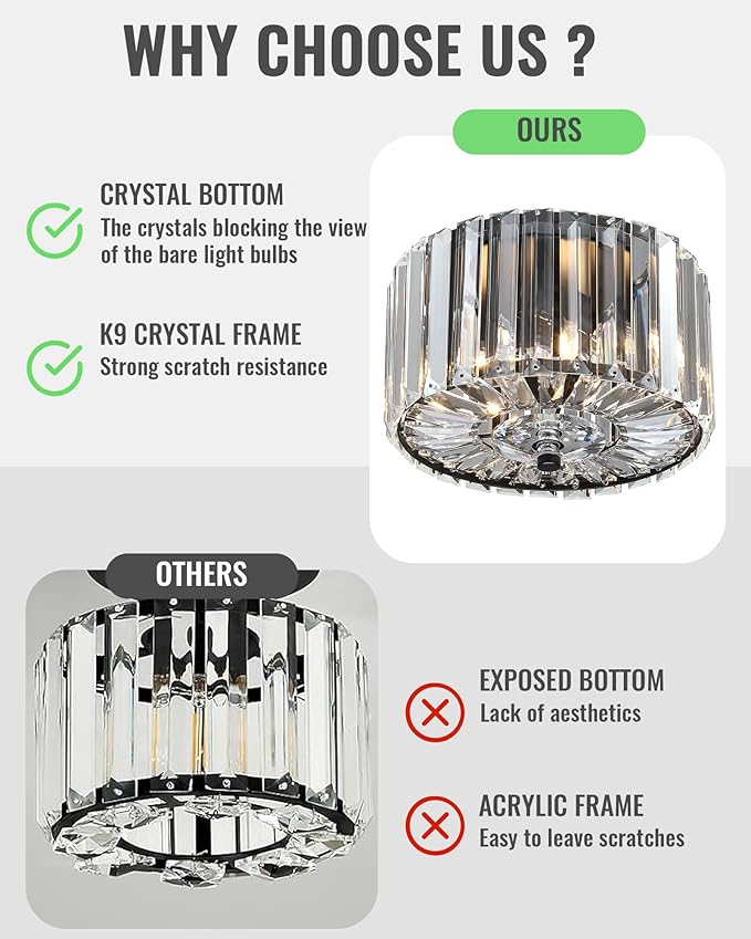 Small Crystal Ceiling Light, Modern Semi Flush Mount Ceiling Lighting Fixture, Black Small Chandelier Light Fixture, Entryway Light Fixture for Kitchen Hallway Bathroom, 2-Light, XDD007-1-BK
