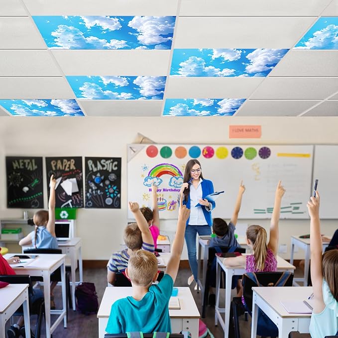 Biubee Fluorescent Light Covers with 10 Strong Magnets - 6 Pack Magnetic Light Covers Filter for Ceiling Lights Classroom to Eliminate Harsh Glare, Flame Retardant Fabric, 4 x 2 FT, White Cloud