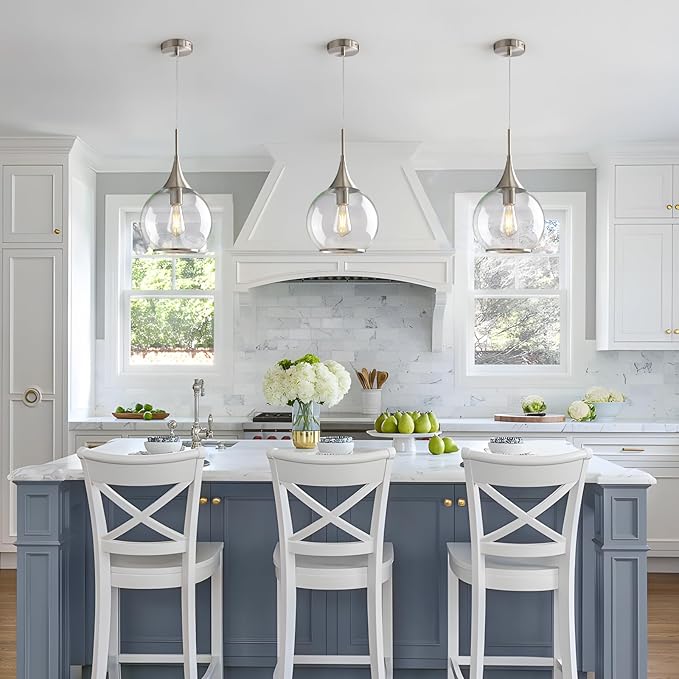 Pendant Lights Kitchen Island: Brushed Nickel Light Fixture Farmhouse with Clear Glass - 10 Inch Mid Century Globe Kitchen Lighting Fixtures Ceiling for Hallway