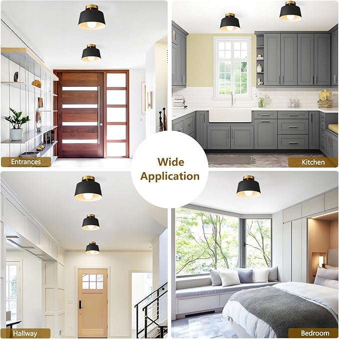 Modern Semi Flush Mount Ceiling Light,Metal Light Fixture,E26 Ceramic Lamp Head,Black and Gold Ceiling Lamp for Hallway Kitchen Entryway Bedroom Laundry Room (10Inch)