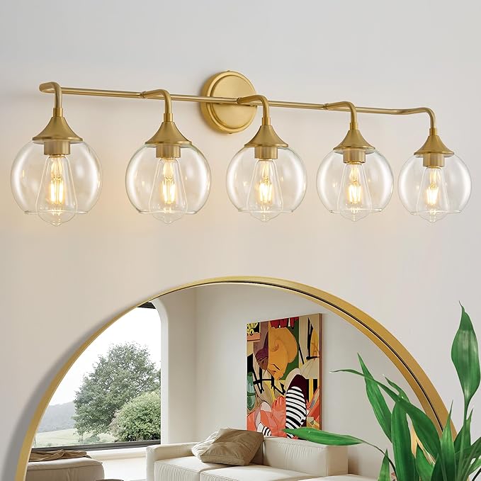 Bathroom Vanity Lights with Clear Glass Shade, E26 Base, Vanity Lighting Fixtures Over Mirror, 39 Inch Vanity Lights for Bathroom (Exclude E26 Bulb) (Gold, 5-Lights)