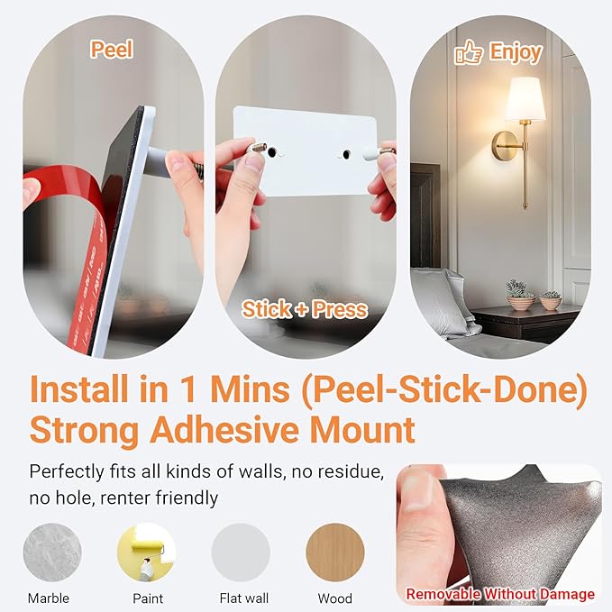 Peel and Stick Wall Sconces, Stick On Wall Sconce Set of 2, Battery Operated Wireless Adhesive Wall Lights, Corn Bulb with 10000mAh Battery, Easy Install for Bedroom Living Room Wall Decor
