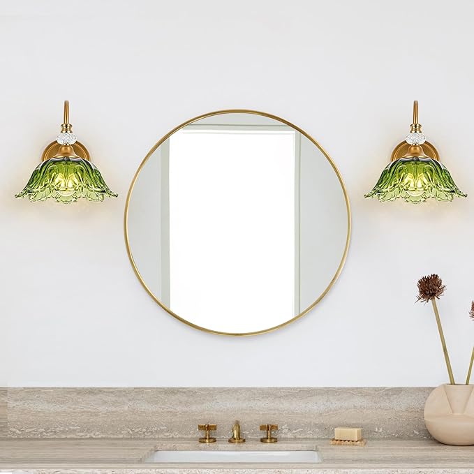 1 Piece Vintage Wall Sconce with Floral Green Glass Shade, Matte Brass Finish Wall Sconce for Bathroom, Vintage Bathroom Vanity Light Fixture