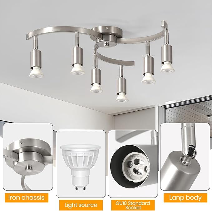 SEEBLEN 6 Light Track Lighting Fixtures Ceiling, Flexibly Rotatable Light Heads, Nickel Semi Flush Mount Ceiling Light for Kitchen Dining Room Living Room.Gu10 Bulb Base.