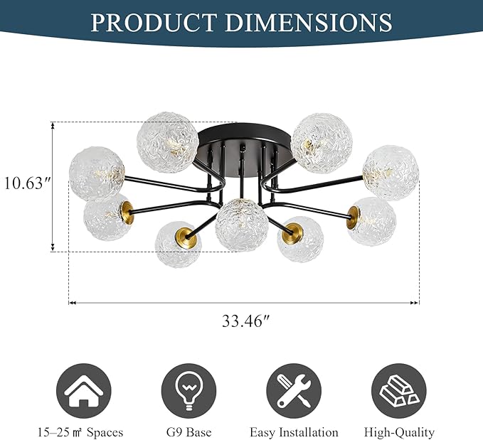 Sputnik Semi Flush Mount Ceiling Light Black Glass Globe Ceiling Lighting Modern Close to Ceiling Light for Living Room Dining Room Bedroom Kitchen