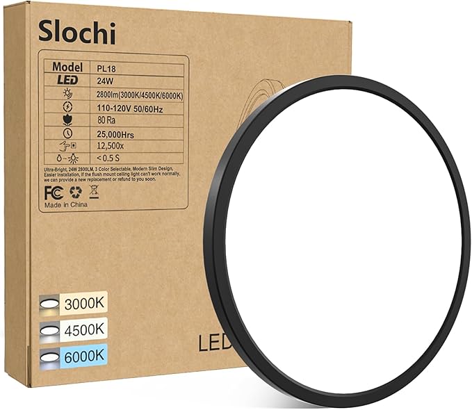 slochi LED Flush Mount Ceiling Light Fixture, 12Inch 28W LED Light, Dimmable & 3000K/4500K/6000K 3 Color Adjustable Round Light 3200LM Low Profile Ceiling Light Fixtures for Kitchen Bedroom
