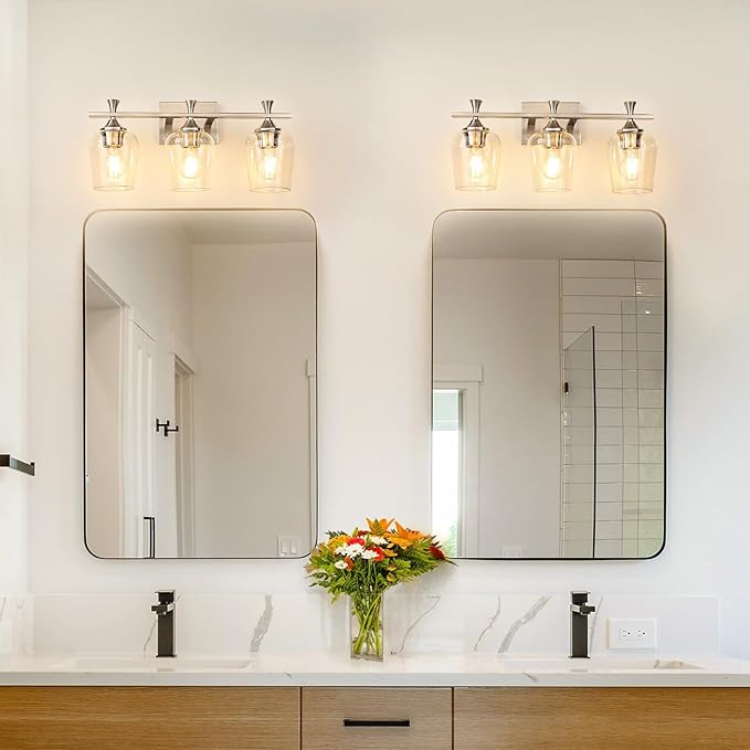 3 Light Bathroom Vanity Light - Silver Bathroom Lighting Fixtures Over Mirror, Modern Wall Sconces with Transparent Glass Lampshade for Bedroom Living Room Kitchen Cabinet Stair Hallway