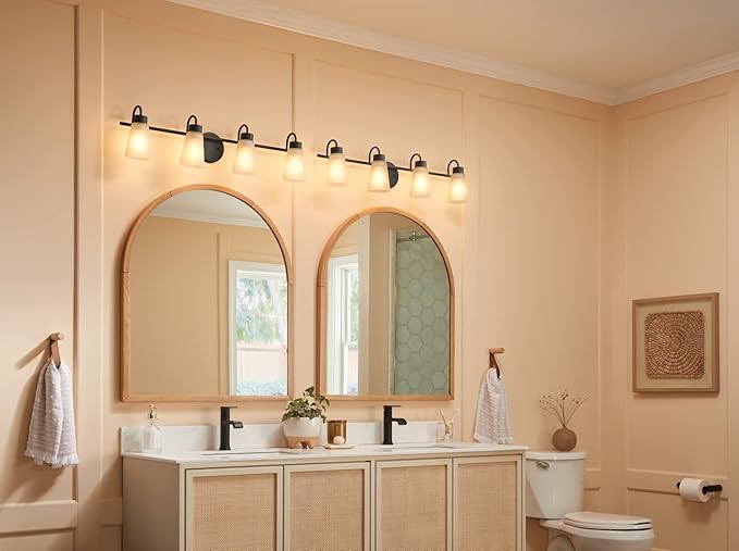 Kichler Stamos 4-Light Bathroom Vanity Light Fixture with Satin Etched Glass Shades, 26 in Modern Wall Light in Black for over Mirror (26 in x 8 in x 5 in), 52608BK