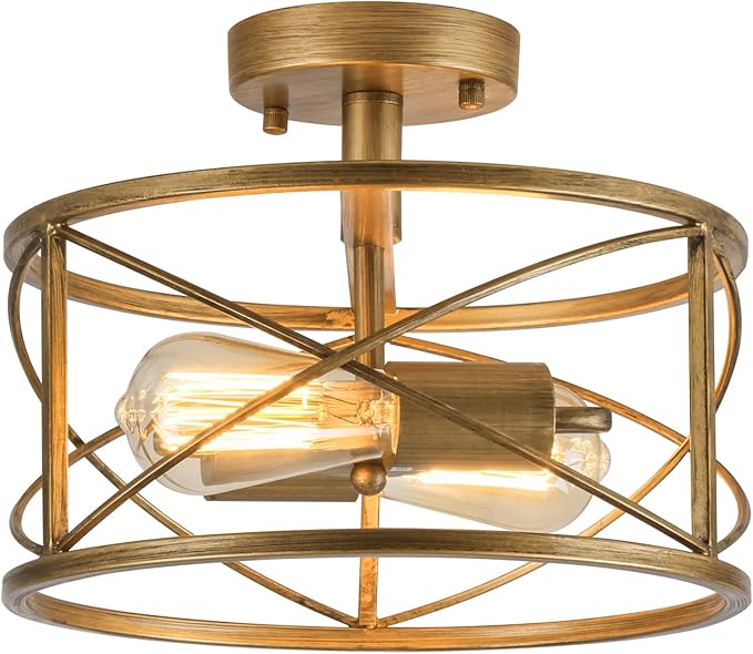 Brushed Gold Semi Flush Ceiling Light Fixture, 2-Light Farmhouse Flush Mount Light Fixture, Modern Industrial Metal Cage Pendant Lighting for Hallway, Bedroom, Kitchen, Foyer, Living Room, Dining Room