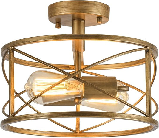 Brushed Gold Semi Flush Ceiling Light Fixture, 2-Light Farmhouse Flush Mount Light Fixture, Modern Industrial Metal Cage Pendant Lighting for Hallway, Bedroom, Kitchen, Foyer, Living Room, Dining Room