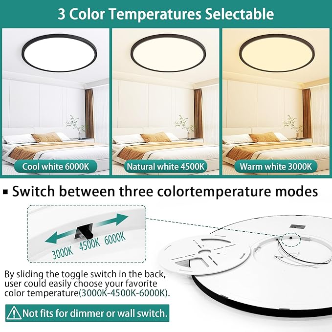 24 Inch LED Flush Mount Ceiling Light Fixture,Dimmable Ultra Thin Low Profile,48W 4800 Lumens,3 CCT Color Selectable,Modern Round Black Ceiling Light for Living Room,Bedroom,Kitchen,Office