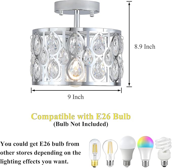 9 Inch Crystal Chrome Semi Flush Mount Ceiling Light,Modern Farmhouse Ceiling Lighting Fixture,Round Hallway Lighting Fixtures for Kitchen Entryway Bedroom Laundry,1-Light