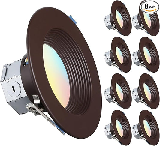 TORCHSTAR 8-Pack 5CCT 6 Inch LED Integrated Canless LED Recessed Lighting with J-Box, Anti-Glare Deep Baffle, CRI90 Dimmable Ceiling Downlight, ETL, 2700K3000K3500K4000K5000K, Oil Rubbed Bronze