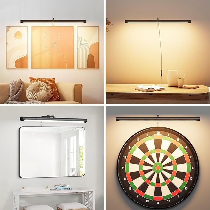 9W Picture Light Plug in, 24" Adjustable LED Art Light with Remote Control, Dimmable Wall Light for Picture Display Dartboard Art Work (Black)